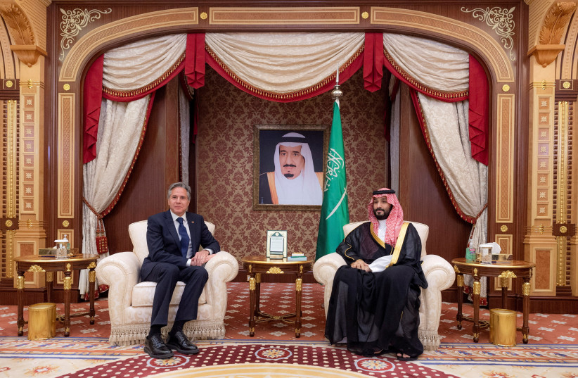 U.S. Secretary of State Antony Blinken meets with Saudi Crown Prince Mohammed bin Salman, in Jeddah, Saudi Arabia, June 7, 2023. (photo credit: Bandar Algaloud/Courtesy Saudi Royal Court/Handout via Reuters)