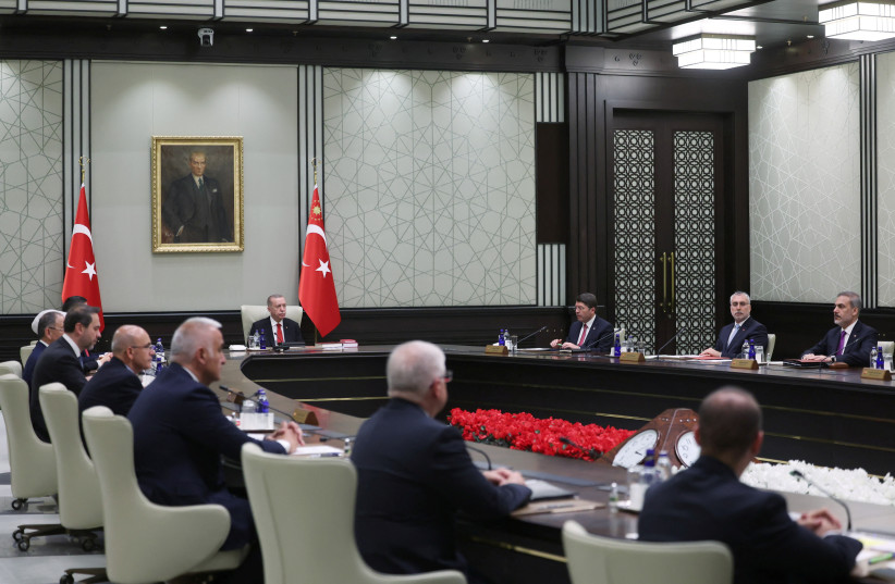  Turkish President Recep Tayyip Erdogan chairs a cabinet meeting in Ankara, Turkey June 6, 2023.  (photo credit: PRESIDENTIAL PRESS OFFICE/HANDOUT VIA REUTERS)