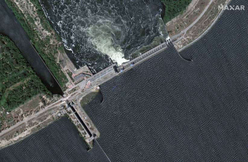  A satellite image shows the Nova Kakhovka Dam and hydroelectric plant before its collapse, in Nova Kakhovka, Ukraine June 5, 2023 (photo credit: MAXAR TECHNOLOGIES/HANDOUT VIA REUTERS)