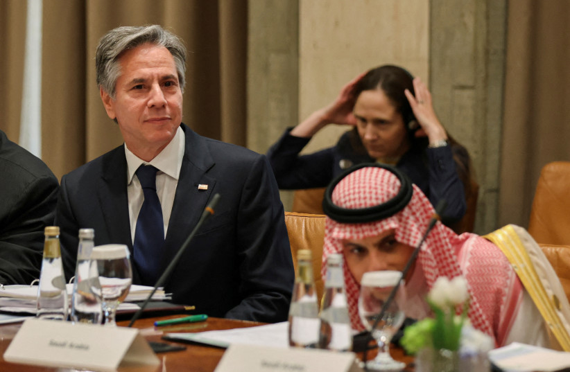  US Secretary of State Antony Blinken and Saudi Foreign Minister Prince Faisal bin Farhan attend the multilateral meeting at the Intercontinental Hotel in Riyadh, Saudi Arabia, June 8, 2023. (photo credit: REUTERS/Ahmed Yosri/Pool TPX IMAGES OF THE DAY)