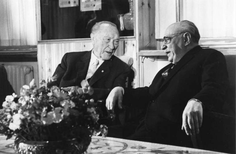  PRESIDENT ZALMAN SHAZAR (R)  (author of the poem ‘Where Are You, Caleb?’) meets with German chancellor Konrad Adenauer (later successor of Otto von Bismarck) in Jerusalem, 1966. (photo credit: Wikimedia Commons)
