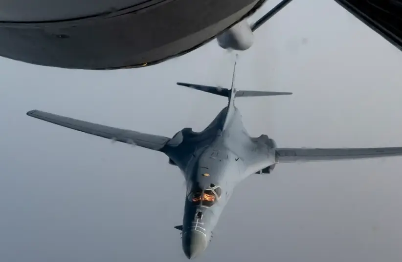 A US Air Force B-1 Lancer departs after aerial refueling from a KC-135 Stratotanker assigned to the 912th Expeditionary Air Refueling Squadron while conducting a Bomber Task Force mission over the U.S. Central Command area of responsibility, June 8, 2023.  (photo credit: CENTCOM, US military)