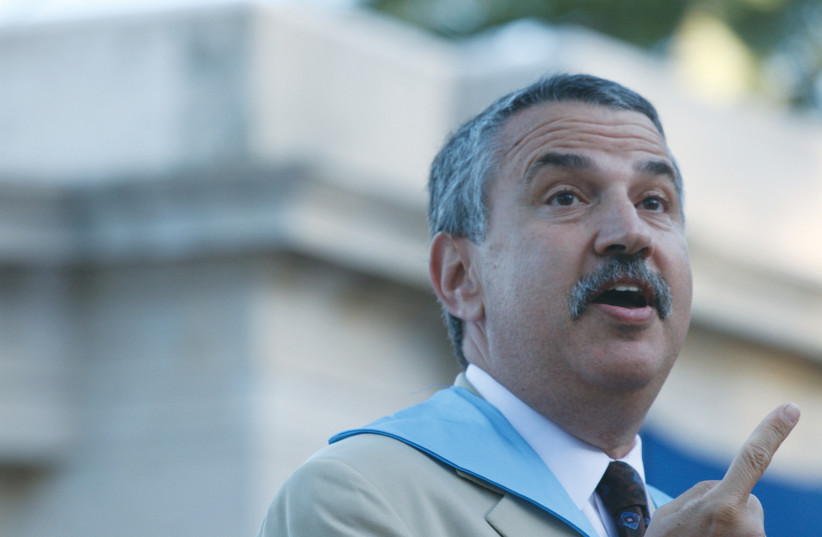 ‘NEW YORK TIMES’ columnist Thomas Friedman delivers an address after receiving an honorary doctorate from the Hebrew University, in 2007. Friedman is trying to scuttle Israeli-Saudi normalization, says the writer. (photo credit: Rebecca Zeffert/Flash90)