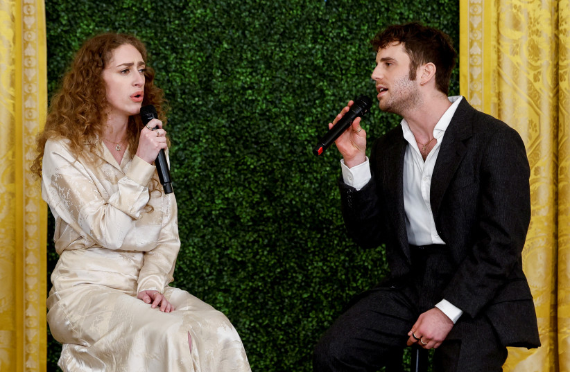 Ben Platt and Micaela Diamond, stars of the musical Parade, perform during a celebration for Jewish American Heritage Month at the White House in Washington, US, May 16, 2023. (photo credit: REUTERS/EVELYN HOCKSTEIN)