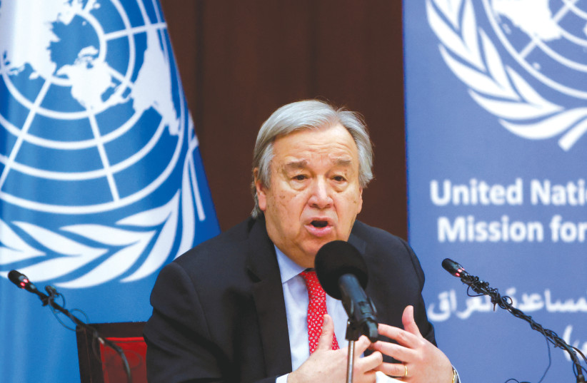  UN SECRETARY-GENERAL Antonio Guterres speaks at a news conference in Baghdad in March. Last month, the Security Council extended the mandate of the UN Assistance Mission for Iraq. (photo credit: AHMED SAAD/REUTERS)
