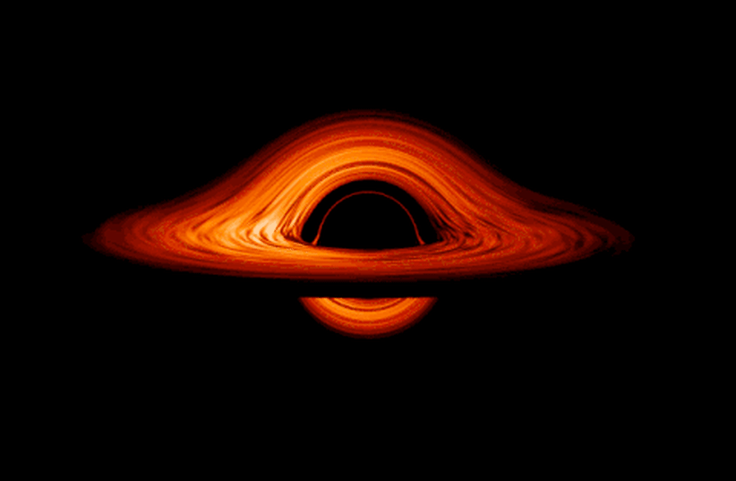  This movie shows a complete revolution around a simulated black hole and its accretion disk following a path that is perpendicular to the disk (Illustrative). (photo credit: Wikimedia Commons)