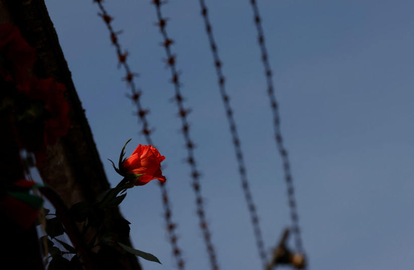 A red flower is seen on a wall during a commemoration of the liberation of the former concentration camp KZ Mauthausen, at the memorial site in Mauthausen, Austria, May 7, 2023. (photo credit: Leonhard Foeger/Reuters)