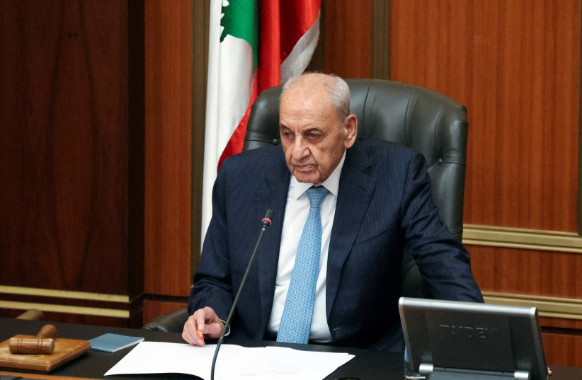  Lebanese Parliament Speaker Nabih Berri heads a parliament session, in a bid to elect a head of state to fill the vacant presidency, in downtown Beirut, Lebanon June 14, 2023. (photo credit: MOHAMED AZAKIR/REUTERS)