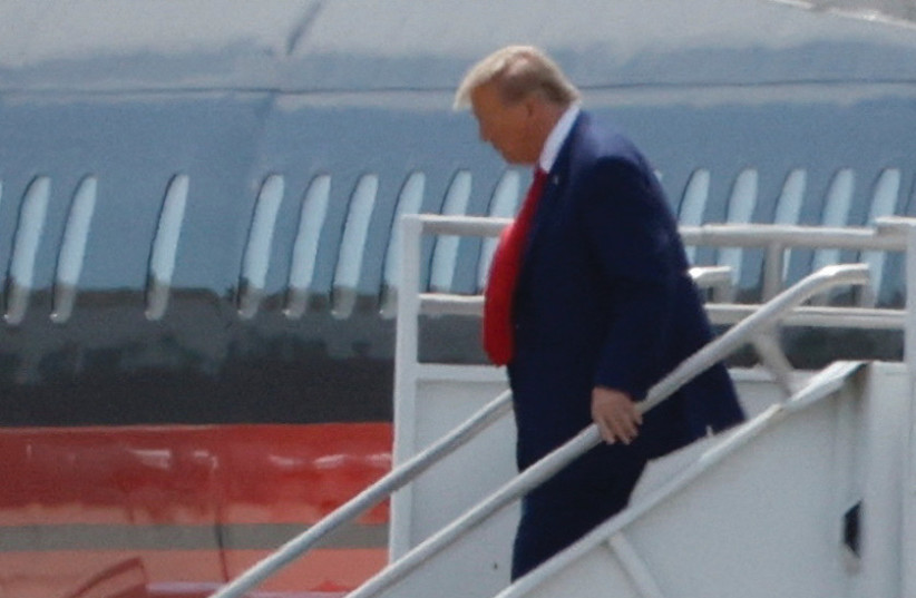  FORMER US President Donald Trump arrives at Miami International Airport before his appearance in federal court on holding classified document charges, this week (photo credit: MARCO BELLO/REUTERS)