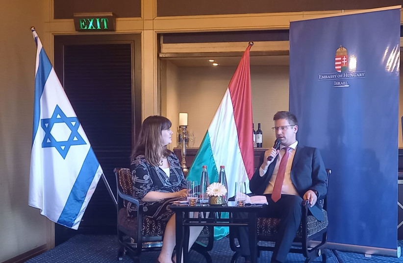  Hungarian Minister Gerley Gulyás defended his country’s oft-criticized judicial system during a public interview at Jerusalem’s King David Hotel, as activists rallied against him outside on June 14, 2023. (photo credit: MARC ISRAEL SELLEM)