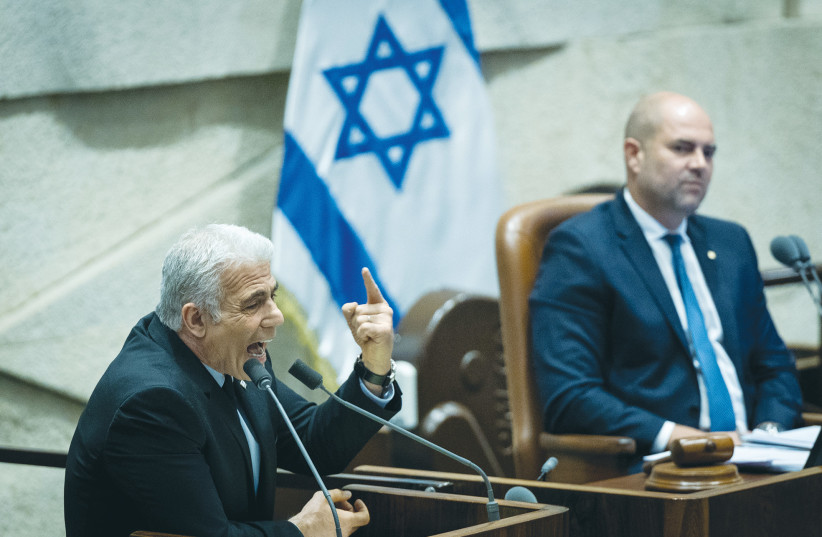  OPPOSITION LEADER Yair Lapid makes a point during a Knesset debate, as House Speaker Amir Ohana looks on. The Knesset is hugely pluralistic, yet anything but a beacon of cultural dignity, says the writer. (photo credit: YONATAN SINDEL/FLASH90)