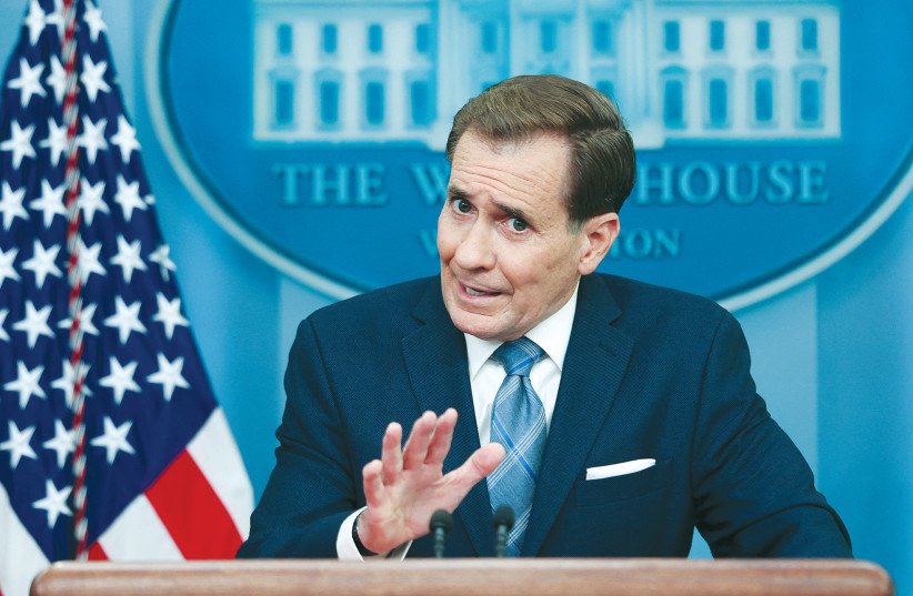 WHITE HOUSE National Security Council spokesman John Kirby answers questions during a daily press briefing, earlier this month. (photo credit: REUTERS/EVELYN HOCKSTEIN)