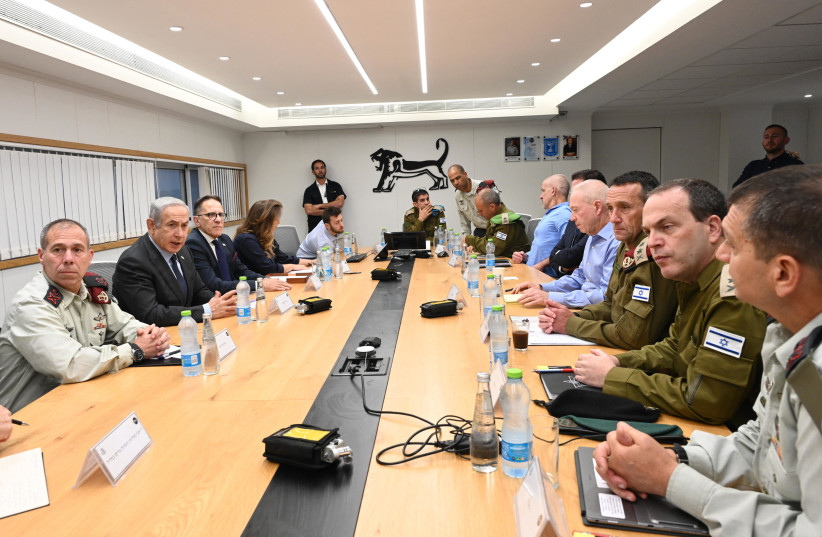  Meeting of army and security chiefs after West Bank terror attack, including Defense Minister Gallant, Strategic Affairs Minister Ron Dermer, Shin Bet Chief Ronen Bar, IDF Chief Herzi Halevi and others, June 20, 2023. (photo credit: CHAIM TZACH/GPO)