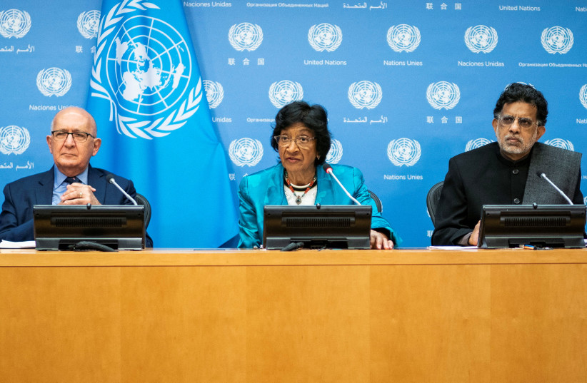 Members of the United Nations Independent International Commission of Inquiry on the Occupied Palestinian Territory, including East Jerusalem, and in Israel, Navanethem Pillay, Miloon Kothari and Chris Sidoti attend a press briefing at the United Nations headquarters in New York, October 27, 2022. (photo credit: EDUARDO MUNOZ / REUTERS)