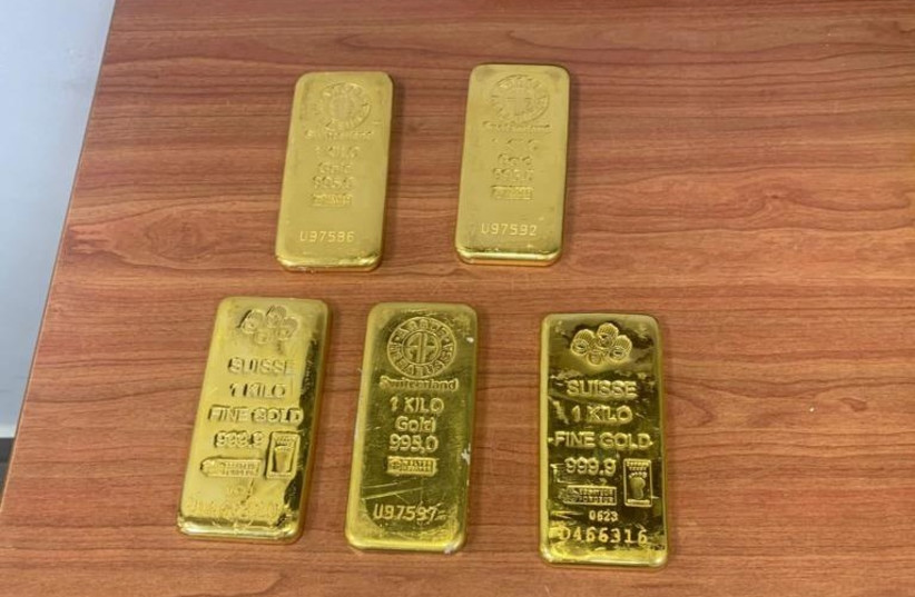The five gold bars seized by the Israel Tax Authority, June 22 2023. (photo credit: ISRAEL TAX AUTHORITY SPOKESPERSON)