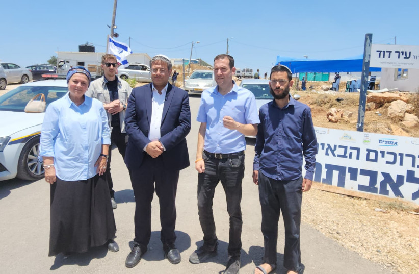  National Security Minister Itamar Ben-Gvir at the Evyatar outpost with Samaria Regional Council head Yossi Dagan and Nachala movement chair Daniella Weiss. (photo credit: ROI HADI)
