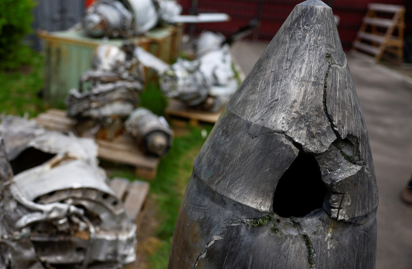  A Kh-47 Kinzhal Russian hypersonic missile warhead, shot down by a Ukrainian Air Defence unit amid Russia's attack on Ukraine, is seen at a compound of the Scientific Research Institute in Kyiv, Ukraine May 12, 2023. (photo credit: REUTERS/VALENTYN OGIRENKO)