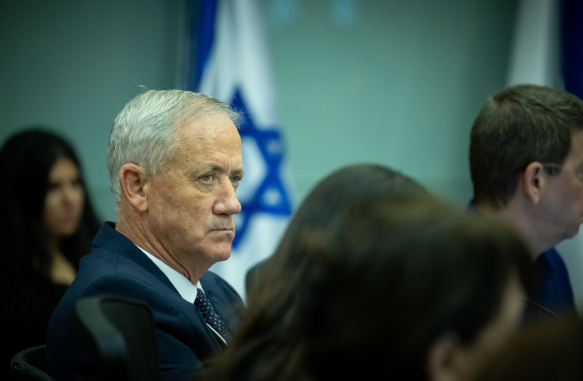  MK Benny Gantz attends a Constitution, Law and Justice Committee meeting on the planned judicial reform, at the Knesset, the Israeli Parliament in Jerusalem on June 25, 2023 (photo credit: YONATAN SINDEL/FLASH90)