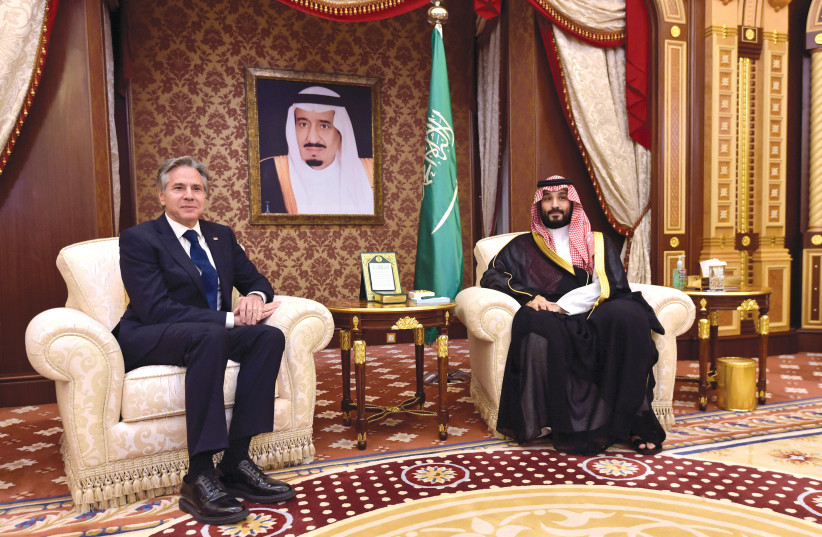  Saudi Crown Prince Mohammed bin Salman meets with US Secretary of State Antony Blinken in Jeddah on June 7, 2023.  (photo credit: Amer Hilabi/Pool/REUTERS)