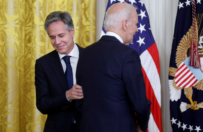  US PRESIDENT Joe Biden and Secretary of State Antony Blinken at the White House: We are seeing a return by the Biden administration to prior policies that range from troubling to dangerous, the writer argues.  (photo credit: JONATHAN ERNST/REUTERS)