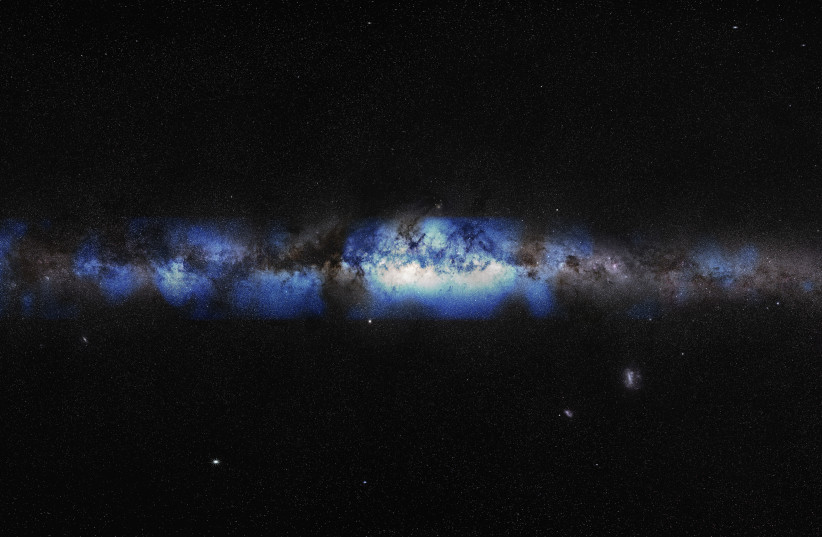  An artist’s composition of the Milky Way seen through a neutrino lens (blue). (photo credit: IceCube Collaboration/US National Science Foundation (Lily Le & Shawn Johnson)/ESO (S. Brunier))