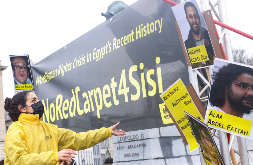  PROTESTING EGYPTIAN President Abdel Fattah al-Sisi ahead of a European Union-African Union summit, in Brussels last year.  (photo credit: YVES HERMAN/REUTERS)