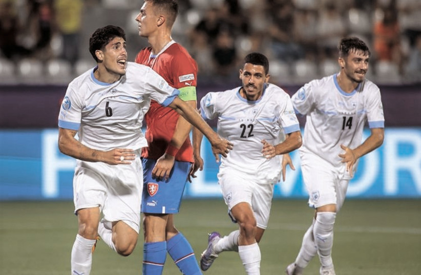  OMRI GENDELMAN (left) celebrates after scoring the winning goal in Israel’s 1-0 victory over the Czech Republic at the Under-21 Euro, a result that set up a quarterfinal clash with host Georgia. (photo credit: IFA/Courtesy)