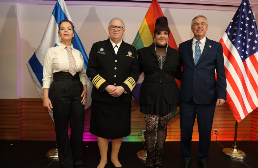  (From right to left) Israeli Ambassador to the US Michael Herzog, Eurovision 2018 winner Netta Barzilai, Assistant Secretary for Health Adm. Rachel L. Levine, M.D., and Shirin Herzog (photo credit: SHMULIK ALMANY/ISRAELI EMBASSY IN THE US)