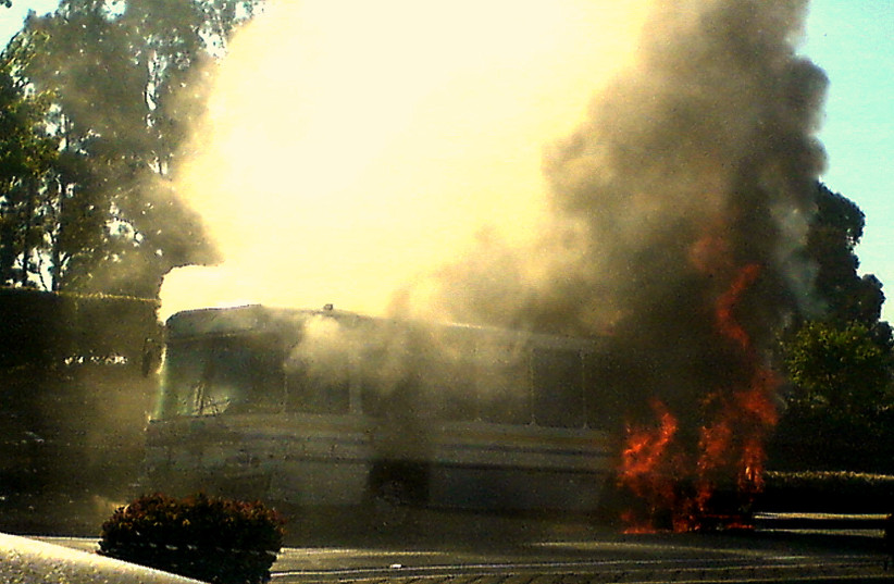  A bus in flames (photo credit: Wikimedia Commons)
