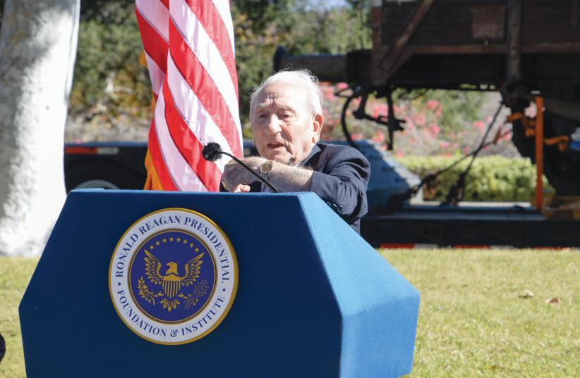  THE WRITER, 100-years-old, speaks at the Ronald Reagan Presidential Library in Simi Valley, California, this past year. (photo credit: The Ronald Reagan Presidential Foundation and Institute)