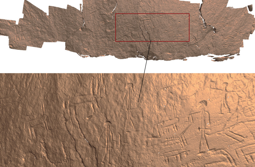  3-D model of engraved chariots in Timna Park. (photo credit: Lena Dubinsky/Computational Archaeology Laboratory)