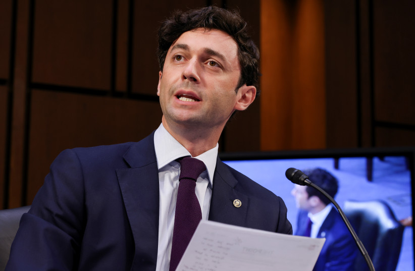  US Senator Jon Ossoff (D-GA) attends a Senate Judiciary Committee hearing on voting rights on Capitol Hill in Washington, US, April 20, 2021. (photo credit: REUTERS/EVELYN HOCKSTEIN/POOL)