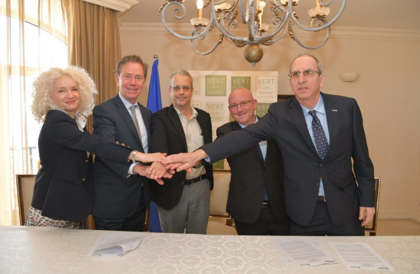 UConn President Radenka Maric, Connecticut Governor Ned Lamont, representatives from Technion-Israel Institute of Technology, and VP for Global Affairs Dan Weiner after signing a Memorandum of Understanding focused on faculty mobility, clean energy and related investments in Connecticut and Israel.  (photo credit: Courtesy of the Office of the Governor)