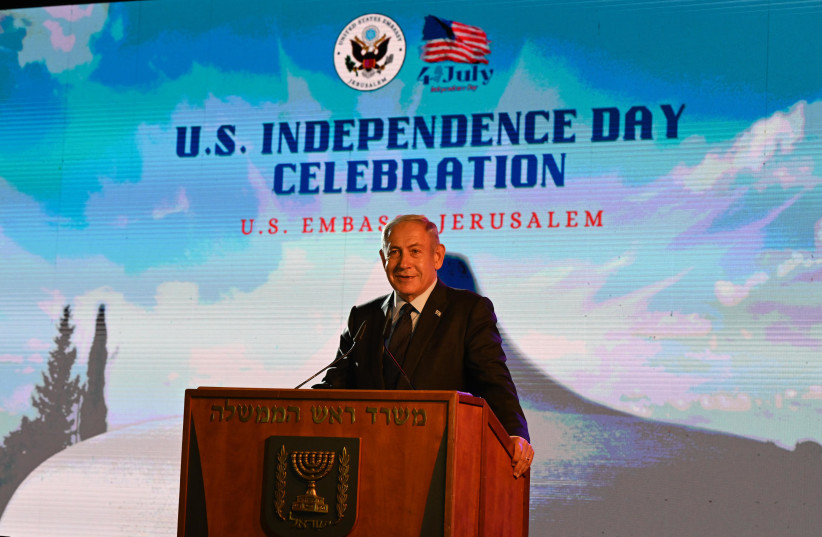  Prime Minister Benjamin Netanyahu speak at a Fourth of July event at the US embassy in Jerusalem, July 3, 2023 (photo credit: HAIM ZACH/GPO)