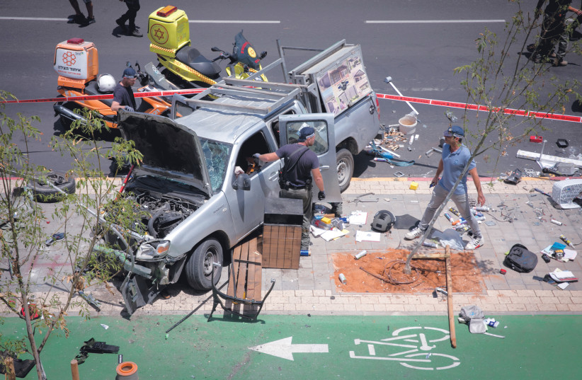  POLICE AND rescue forces are on the scene of a car-ramming terror attack in Tel Aviv on Tuesday. Resistance to ‘the occupation’ is used to justify terrorism, says the writer (photo credit: MIRIAM ALSTER/FLASH90)