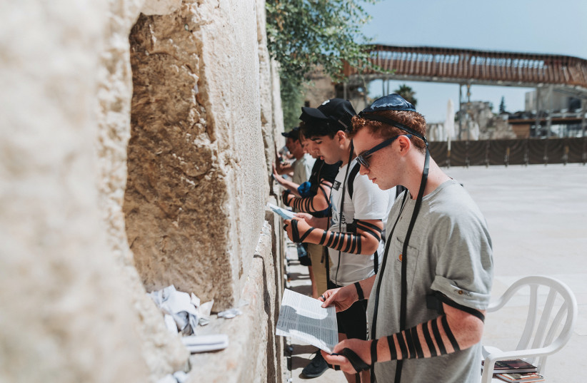  PARTICIPANTS ON a UJIA-backed Israel Tour pray at the Western Wall.  (photo credit: UJIA)