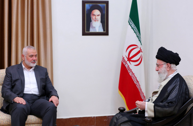 Iran's Supreme Leader Ayatollah Ali Khamenei meets with Palestinian group Hamas' top leader, Ismail Haniyeh, in Tehran, Iran June 21, 2023. Office of the Iranian Supreme Leader (photo credit: WANA (WEST ASIA NEWS AGENCY) VIA REUTERS)