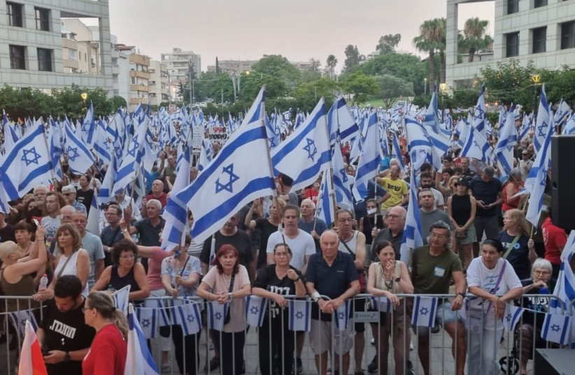  A large number of demonstrators in Herzliya, July 8 2023. (photo credit: Headquarters of the Democratic Struggle Herzliya)