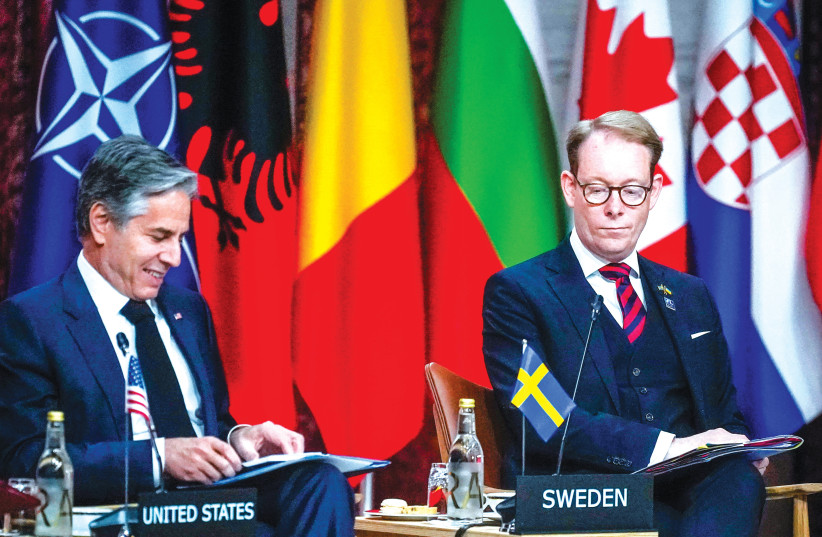  Sweden's Foreign Minister Tobias Billstrom and US Secretary of State Antony Blinken attend NATO’s informal meeting of foreign ministers in Oslo, last month. (photo credit: NTB/REUTERS)