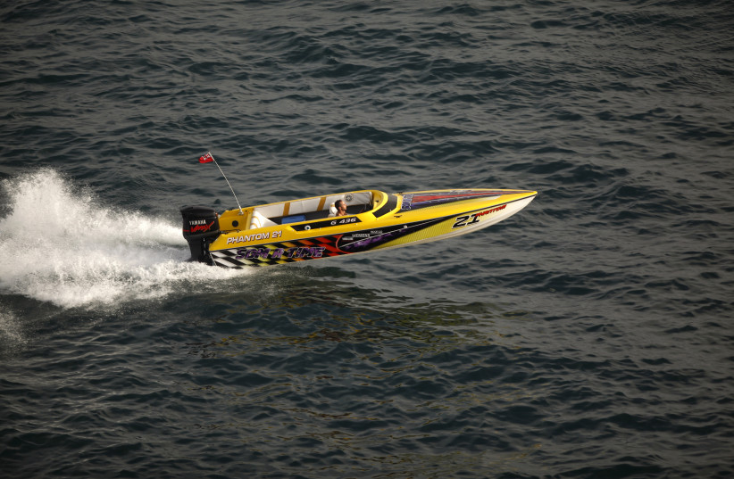  A speed boat sails in the Strait of Gibraltar, in Gibraltar, August 10, 2015. The British government on Sunday accused Spain of violating its sovereignty over Gibraltar, saying Spanish state vessels had repeatedly and unlawfully entered its territorial waters without notifying it. (photo credit: REUTERS/JON NAZCA)
