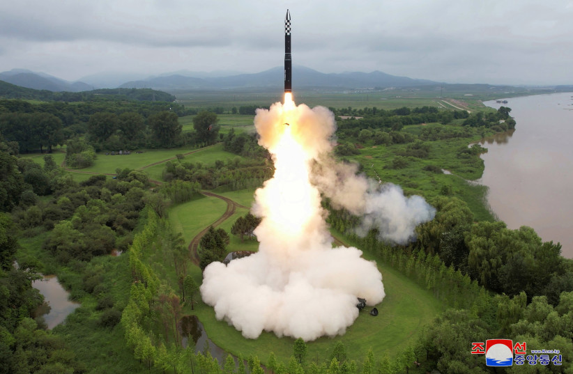 Hwasong-18 intercontinental ballistic missile is launched from an undisclosed location in North Korea in this image released by North Korea's Korean Central News Agency on July 13, 2023. (photo credit: KNCA/REUTERS)