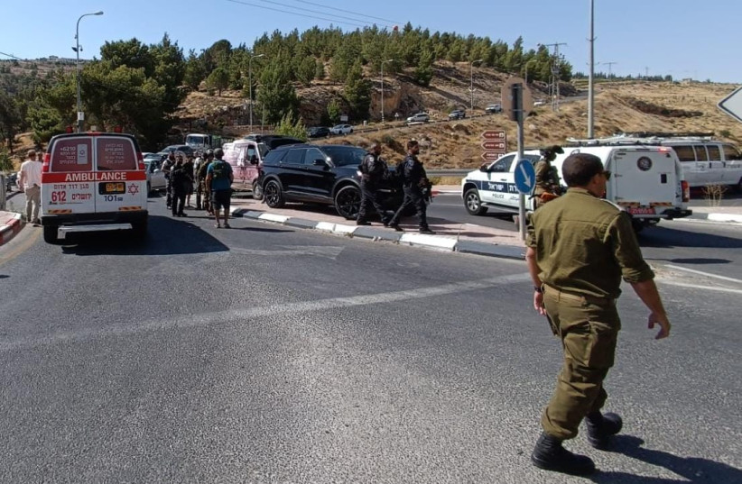 The site of the terror attack at Tekoa Junction in the West Bank which took place on Sunday morning July 16, 2023. (photo credit: MAGEN DAVID ADOM)