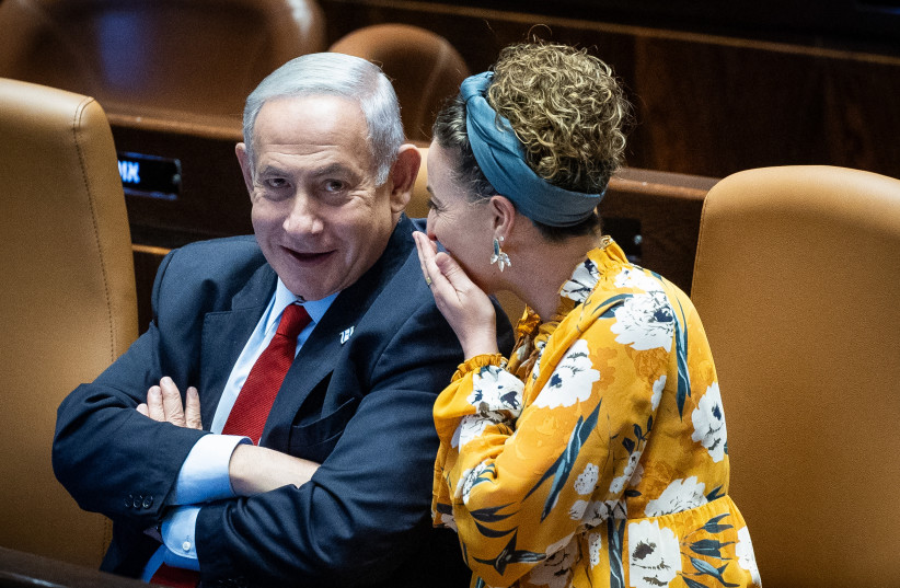  Israeli Prime Minister Benjamin Netanyahu with Idit Silman, Environmental Protection Minister of Israel during 40 signatures debate, at the plenum hall of the Knesset, the Israeli parliament in Jerusalem, on June 26, 2023. (photo credit: YONATAN SINDEL/FLASH90)