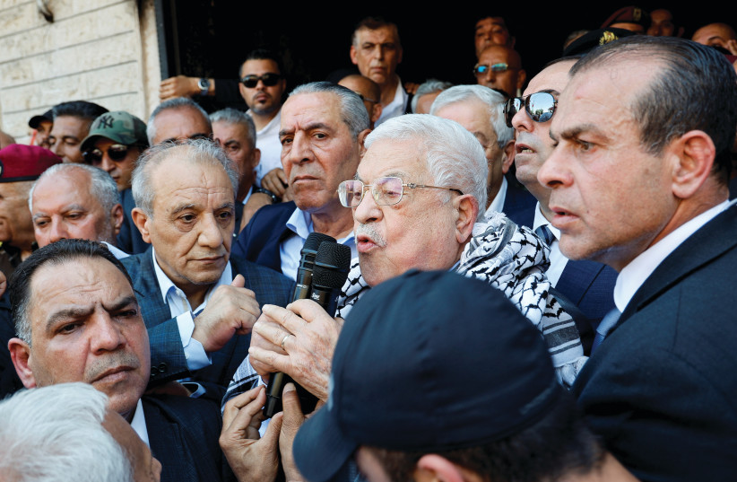  PA LEADER Mahmoud Abbas speaks during his visit to Jenin, last week.  (photo credit: RANEEN SAWAFTA/ REUTERS)