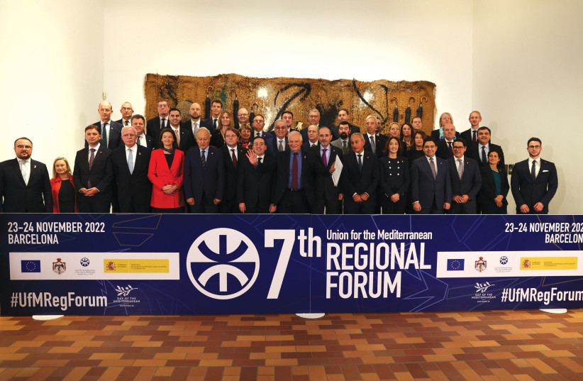  EU FOREIGN POLICY chief Josep Borrell gestures (front, center) during a group photo at the 7th Regional Forum of the Union for the Mediterranean in Barcelona, last November. (photo credit: NACHO DOCE/REUTERS)