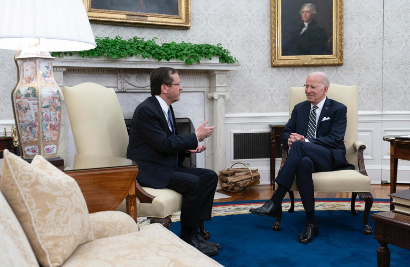  President Isaac Herzog and US counterpart Joe Biden meet in the White House on July 18, 2023 (photo credit: CHRIS KLEPONIS)
