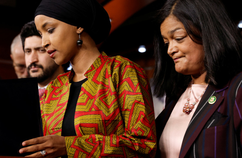 U.S. Representative Ilhan Omar (D-MN) and Pramila Jayapal (D-WA) lead a House Progressive Caucus news conference on Capitol Hill in the midst of ongoing negotiations seeking a deal to raise the United States' debt ceiling and avoid a catastrophic default, in Washington, U.S. May 24, 2023. (photo credit: REUTERS/JONATHAN ERNST)