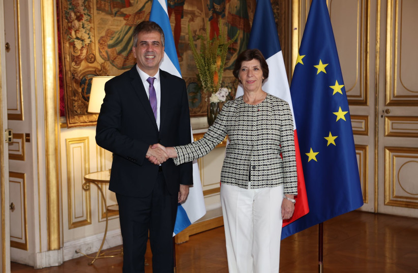  Foreign Minister Eli Cohen and French Foreign Minister Catherine Colonna (photo credit: Alan Azaria from Israel’s embassy in France)