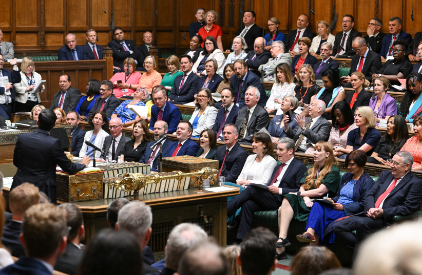 British Prime Minister Rishi Sunak speaks during Prime Minister's Questions, at the House of Commons in London, Britain, June 21, 2023 (photo credit: UK PARLIAMENT/JESSICA TAYLOR/HANDOUT VIA REUTERS)