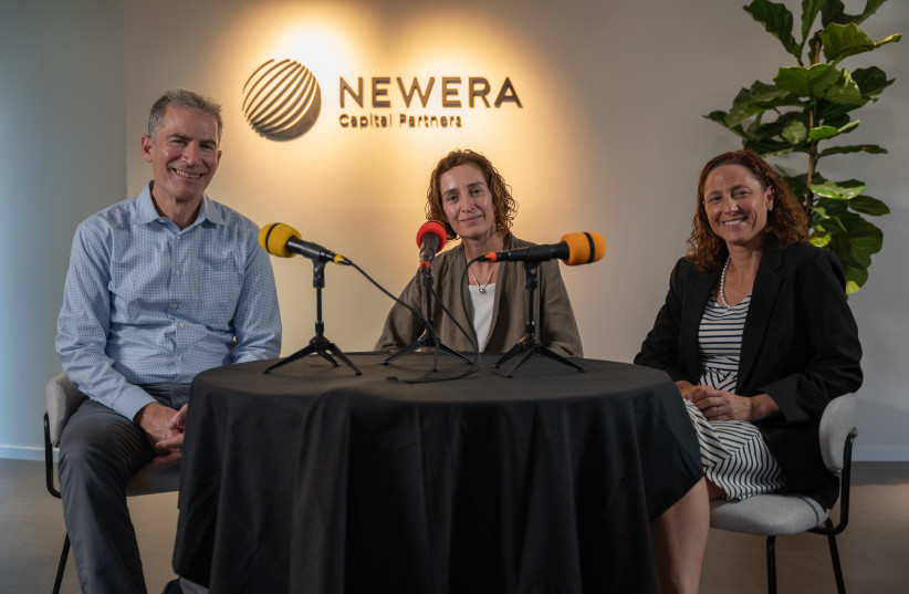  ON THE ‘No Limits’ podcast: Gideon Argov (L), co-founder and managing partner, New Era Capital Partners; Eynat Guez, co-founder and CEO, Papaya Global; and Maayan Hoffman, deputy CEO of strategy & innovation, ‘The Jerusalem Post.’  (photo credit: RAN SHNECK)